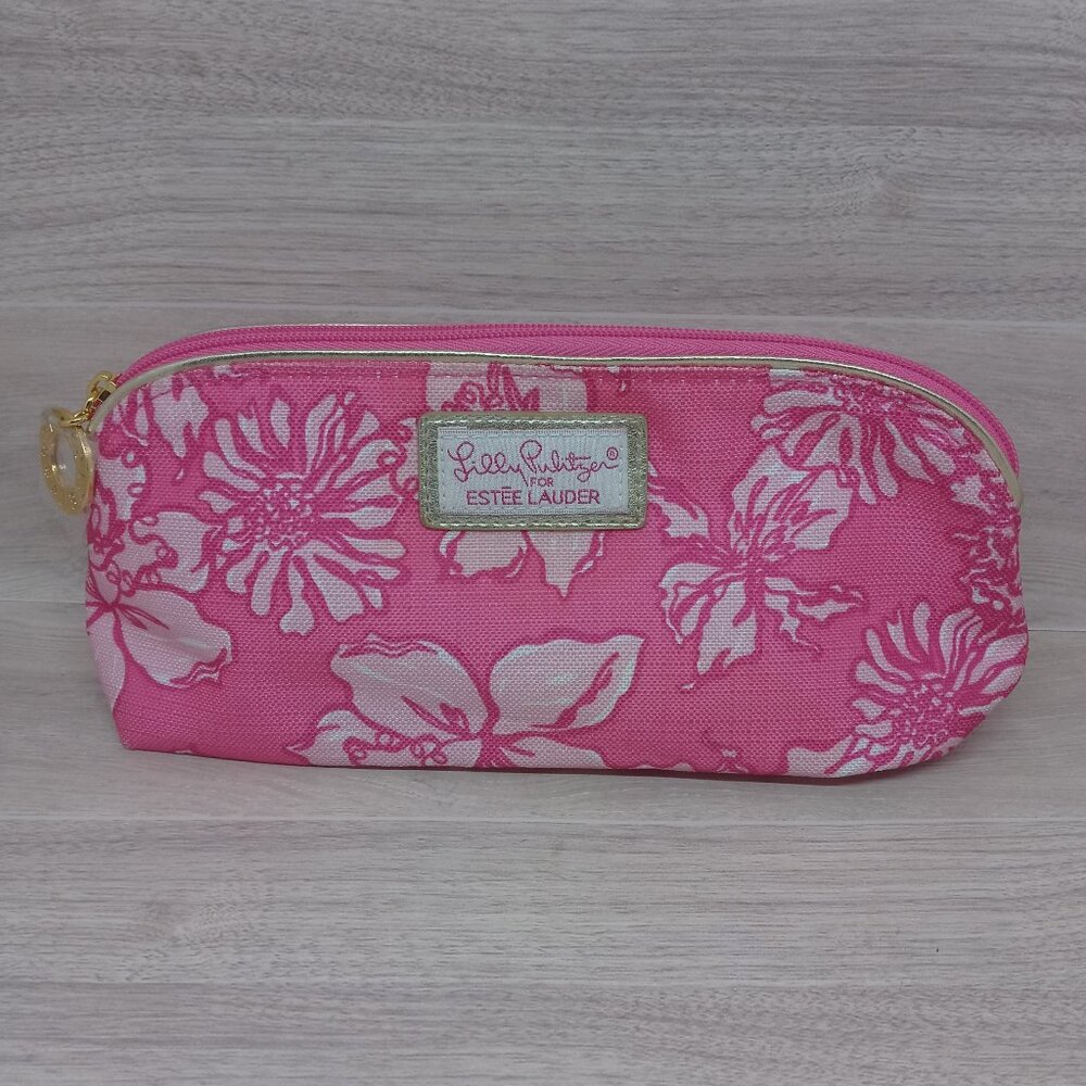 Lilly Pulitzer & Estee Lauder Pink Floral Cosmetic Makeup Bag with Gold Trim